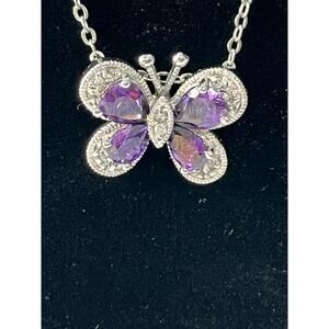 Butterfly Pendant Necklace Purple Glass CZ 18" Silver Tone Chain Dainty Sparkly